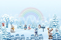 Kids playroom wall with winter friends rainbow mural, modern décor.