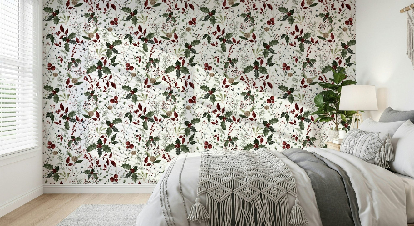 Winter Garden holly berry mural wallpaper design.