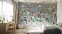 A peaceful wall mural with a gentle winter scene.

