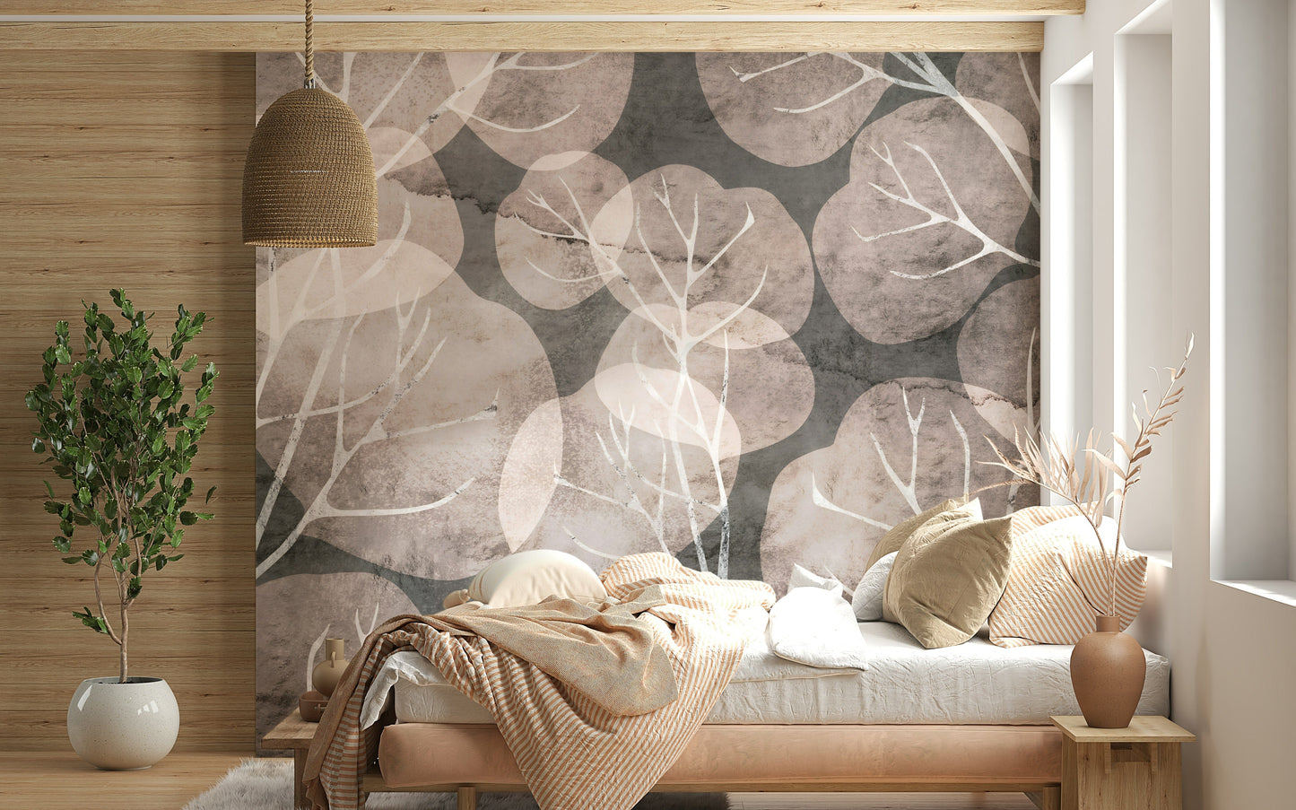 Elegant pewter blush Midwinter Leaf wallpaper for walls.