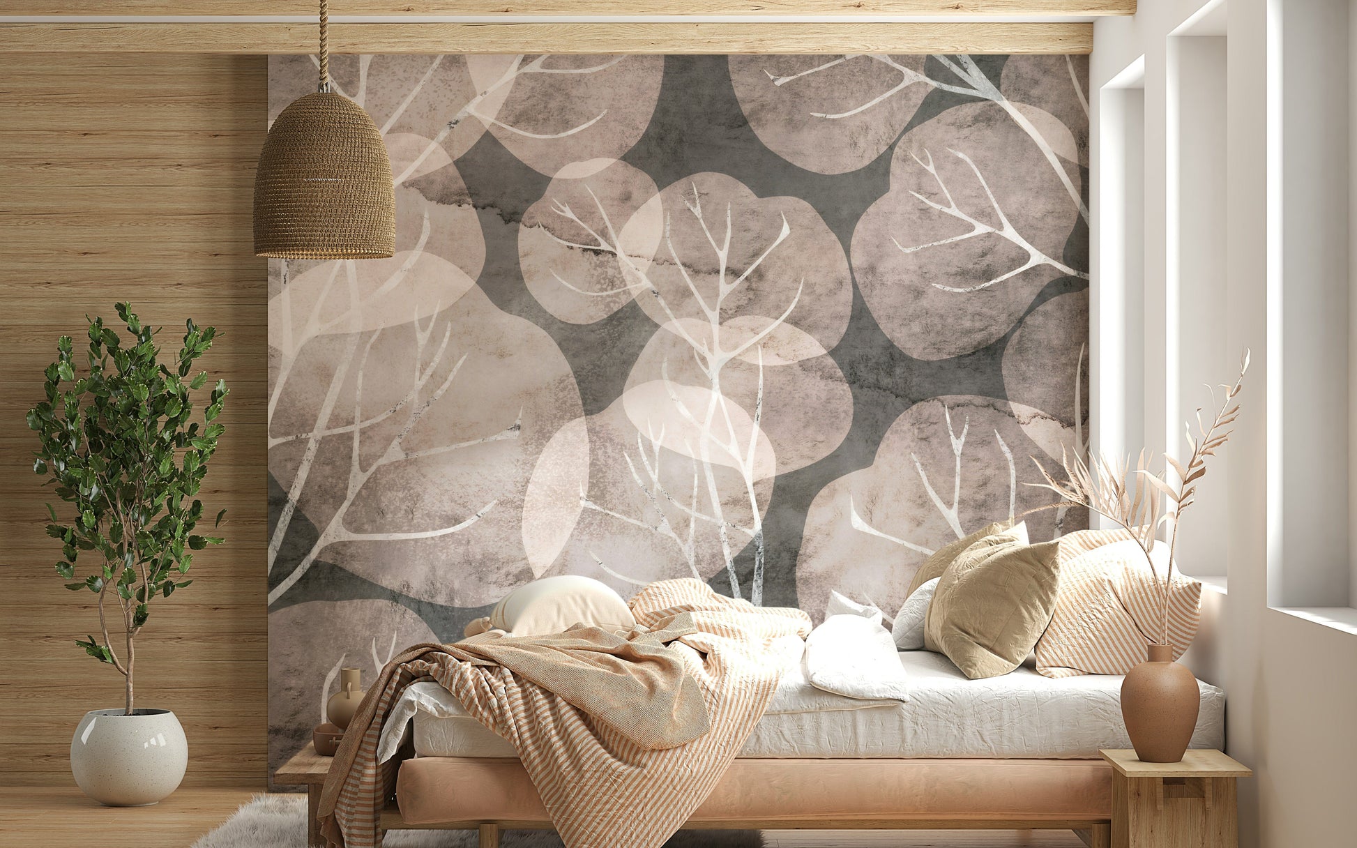 Elegant pewter blush Midwinter Leaf wallpaper for walls.