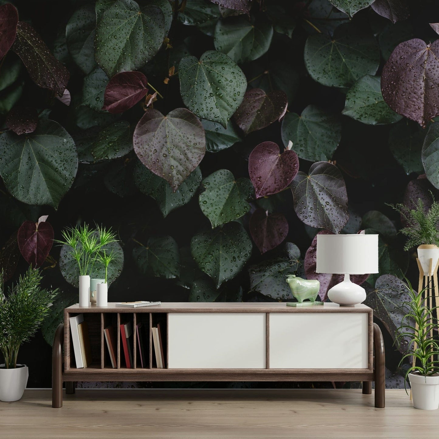 A minimalist interior with the winter leaves wallpaper.

