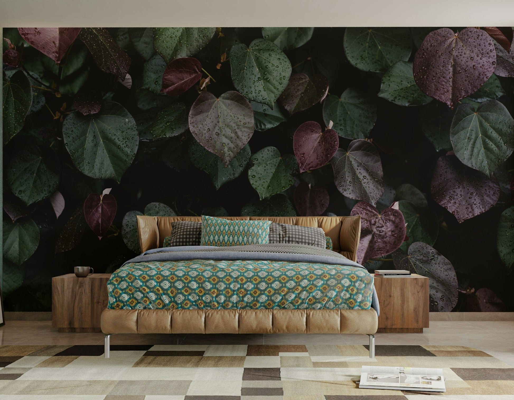A living room featuring the winter leaves wall mural.

