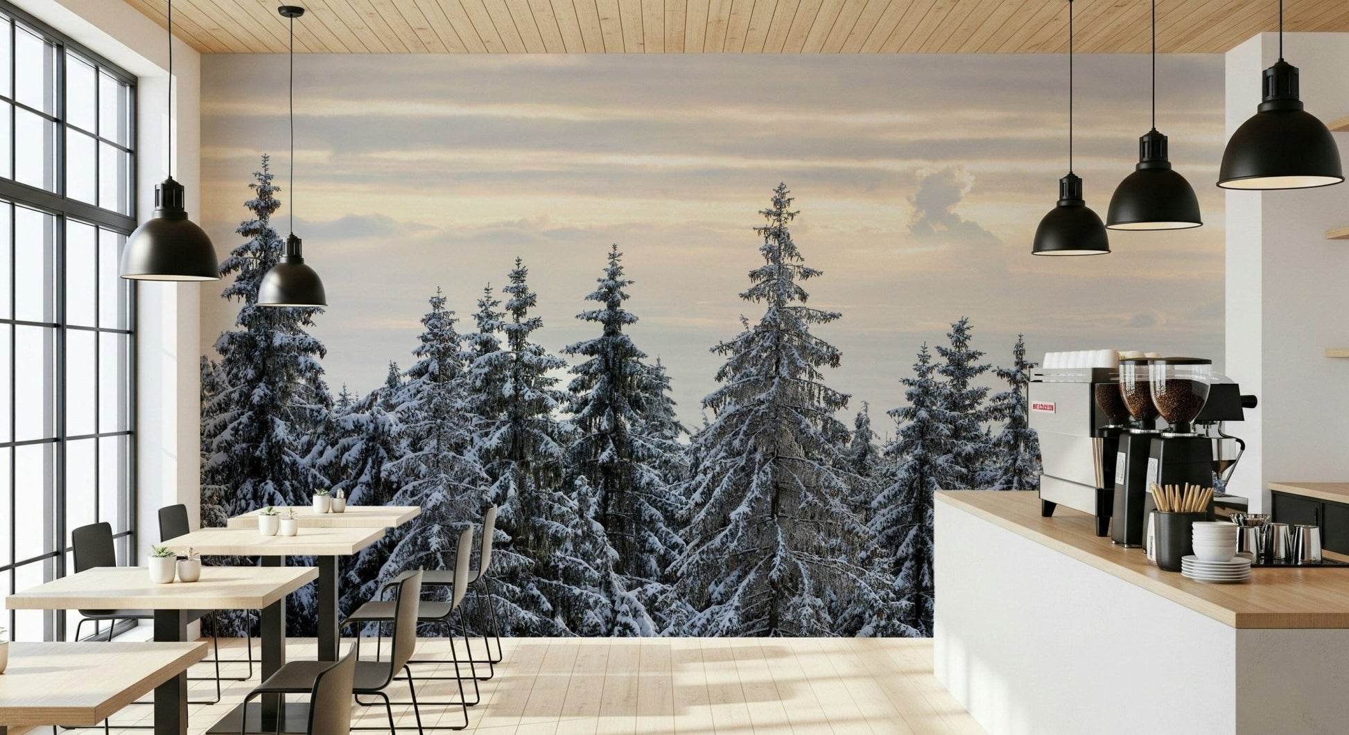 Snowy spruce forest peel and stick winter mood decoration wallpaper.