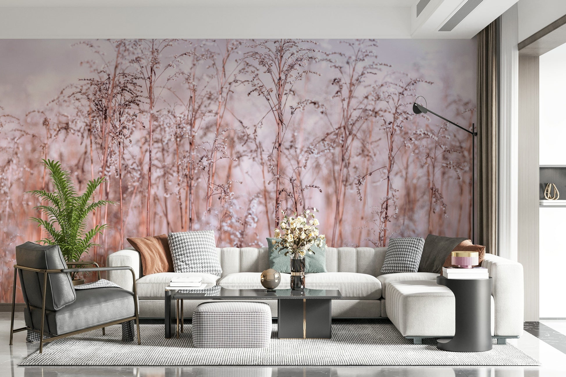 Icy meadow print mural, close-up details of wild grass.