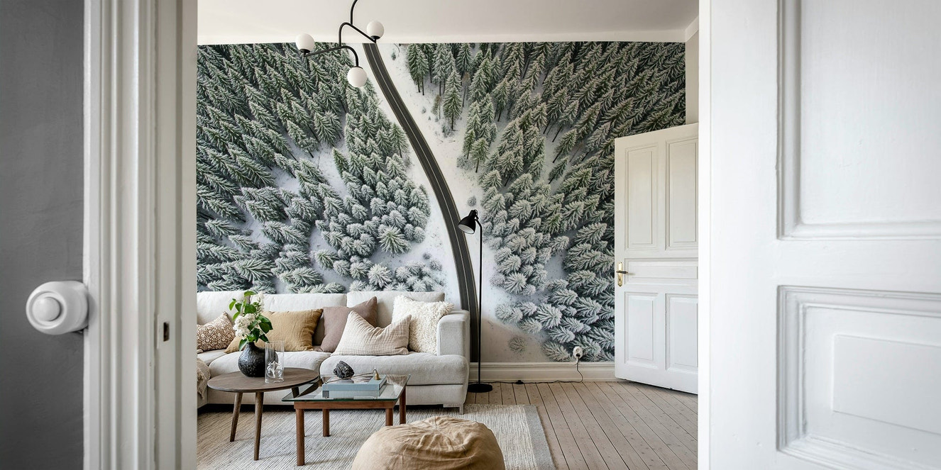 Wall mural of a snow-covered road in a forest.

