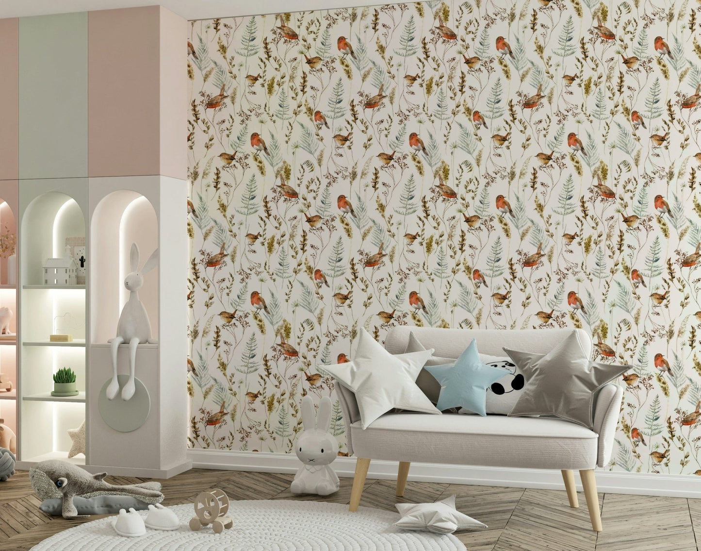 Winter Robins' Song Wallpaper in bedroom, bird pattern, calm color palette
