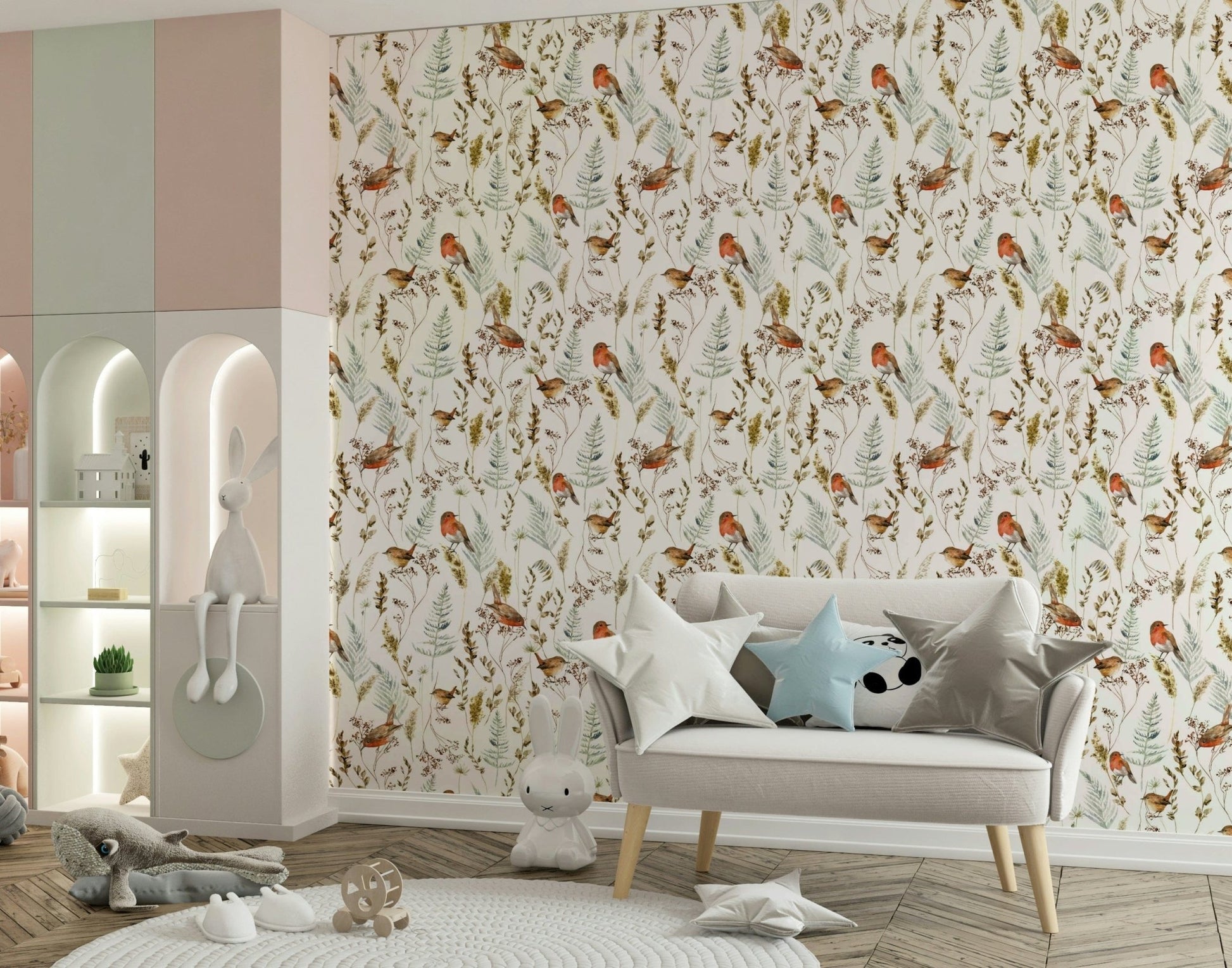 Winter Robins' Song Wallpaper in bedroom, bird pattern, calm color palette