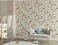 Winter Robins' Song Wallpaper in bedroom, bird pattern, calm color palette