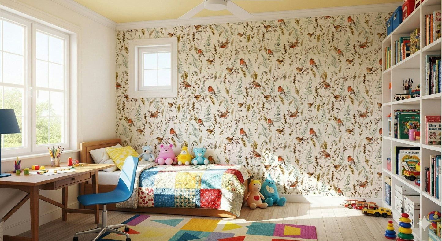 Robin wallpaper in nursery, gentle bird motif, soft colors, cozy wall decor