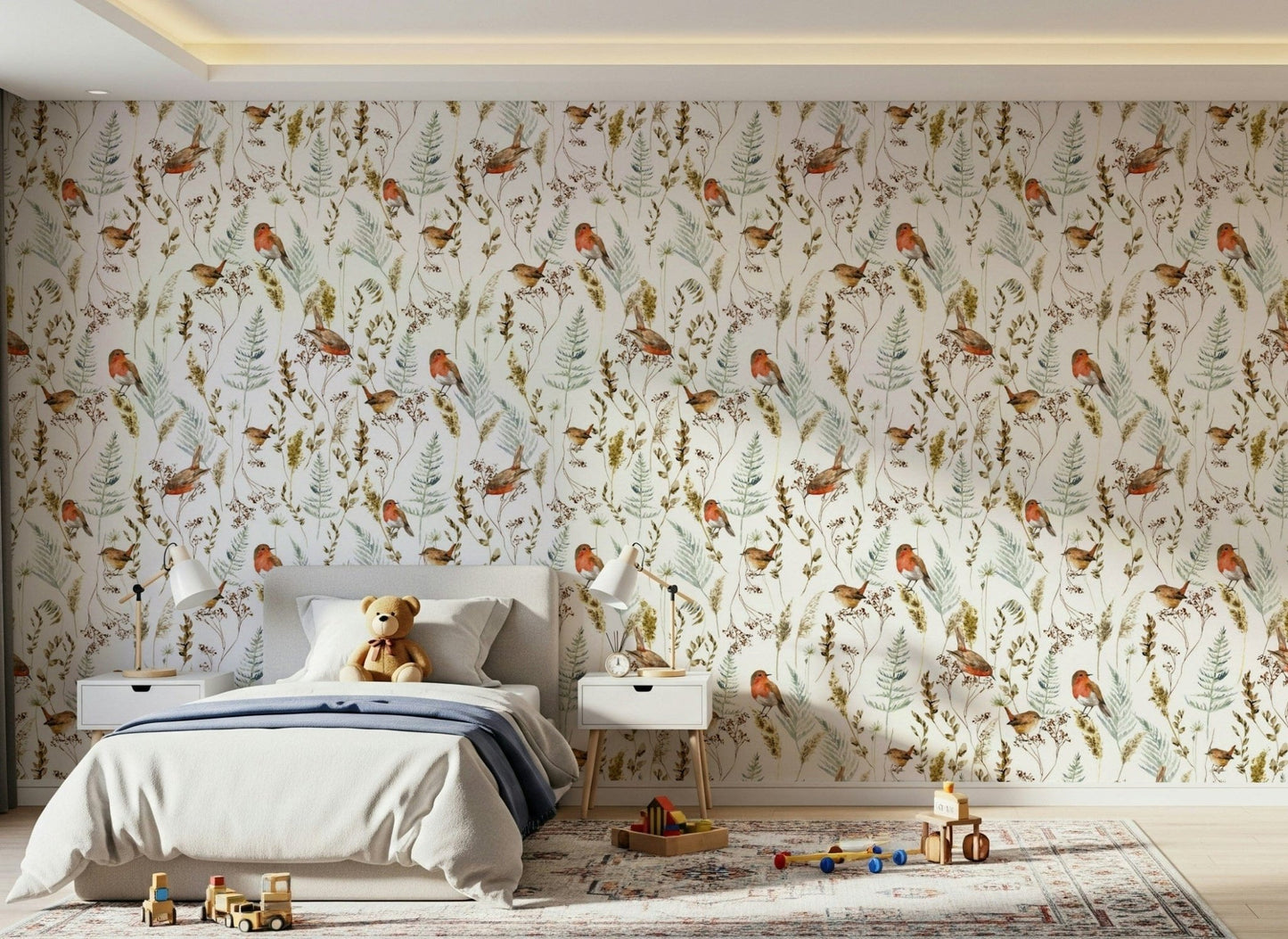 Robin pattern wallpaper for entryway, winter branches, modern apartment decor