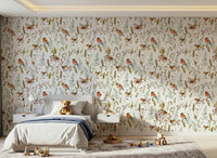 Robin pattern wallpaper for entryway, winter branches, modern apartment decor