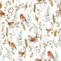 Winter bird wallpaper for powder room, subtle pattern, soft neutral colors