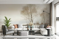 Soft, foggy winter trees lining a quiet beach scene in a calming landscape wallpaper.