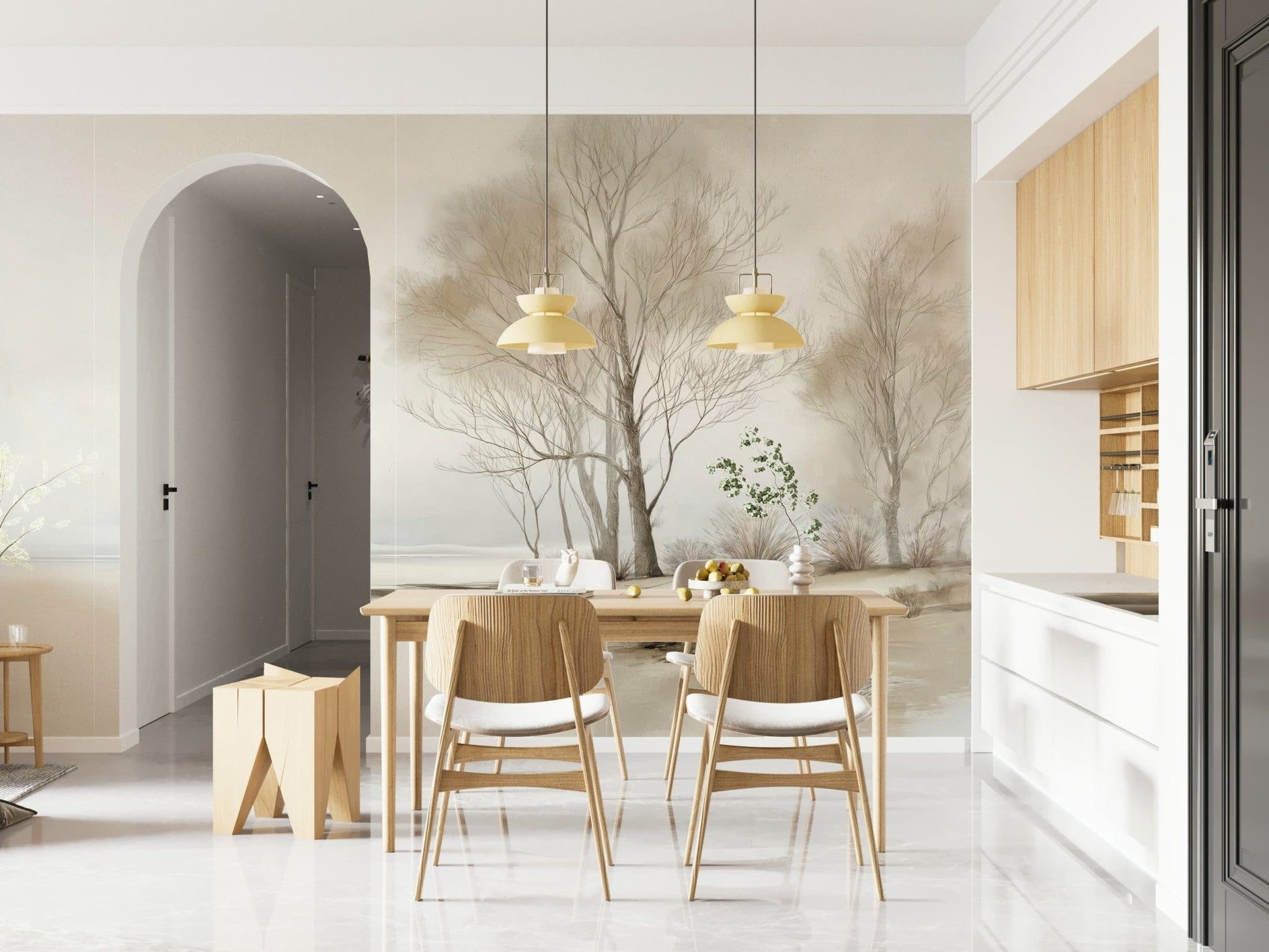 A muted winter landscape wallpaper with tall leafless trees and a tranquil shoreline backdrop.