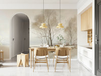 A muted winter landscape wallpaper with tall leafless trees and a tranquil shoreline backdrop.