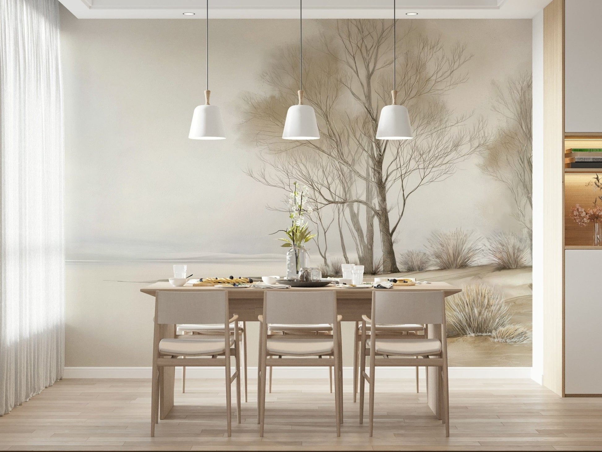 Bare-branched trees rising from a frosty shoreline in a subtle winter landscape wallpaper.