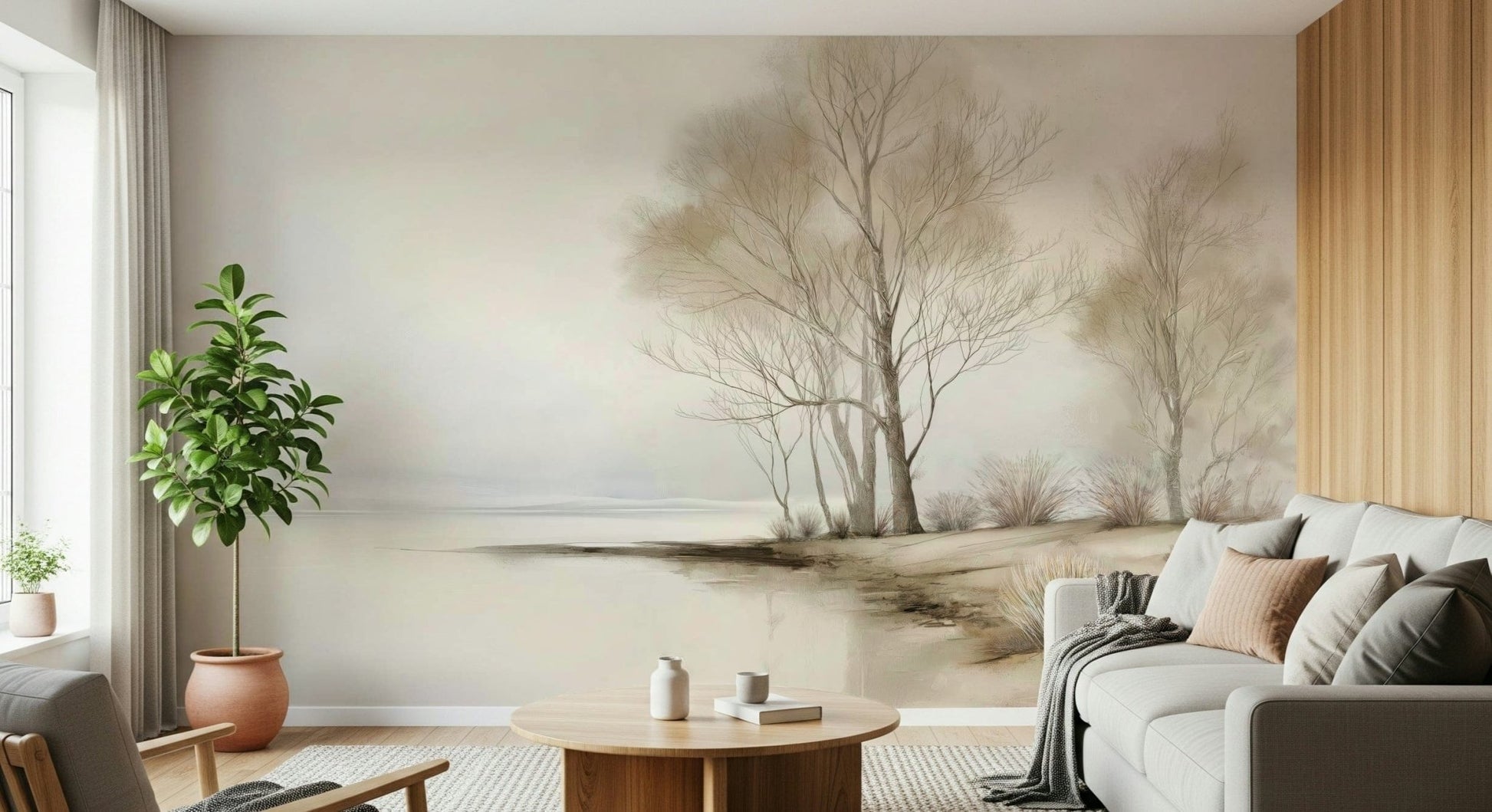 A misty landscape wallpaper with delicate winter trees and a calm, distant shoreline.