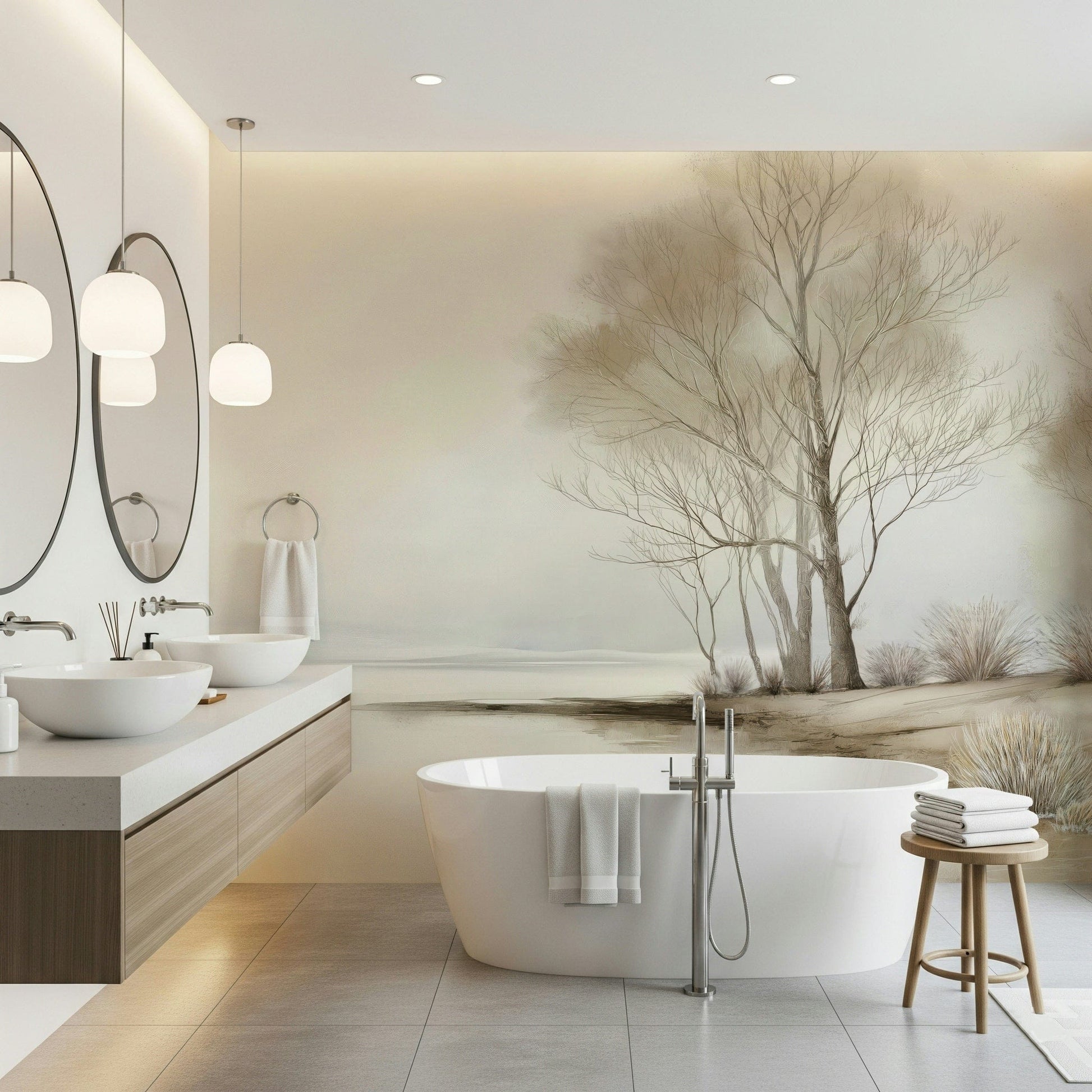 Bare winter trees along a gentle coastal stretch captured in a soft neutral-toned wallpaper.