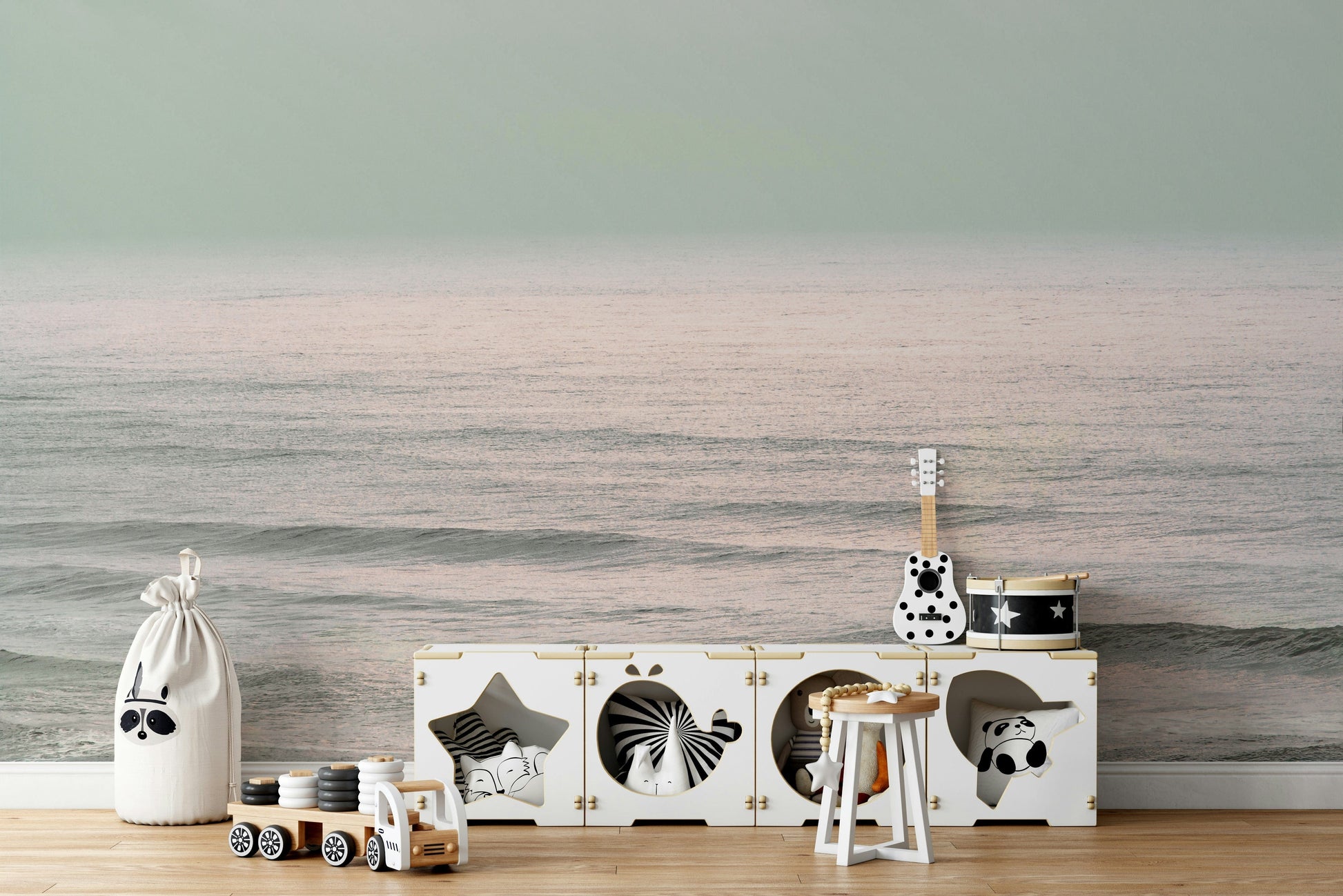 A peaceful open ocean mural on decorative wallpaper.


