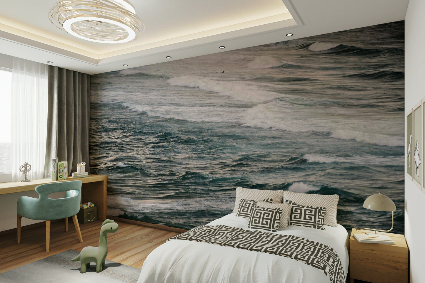 The wallpaper for walls being installed.

