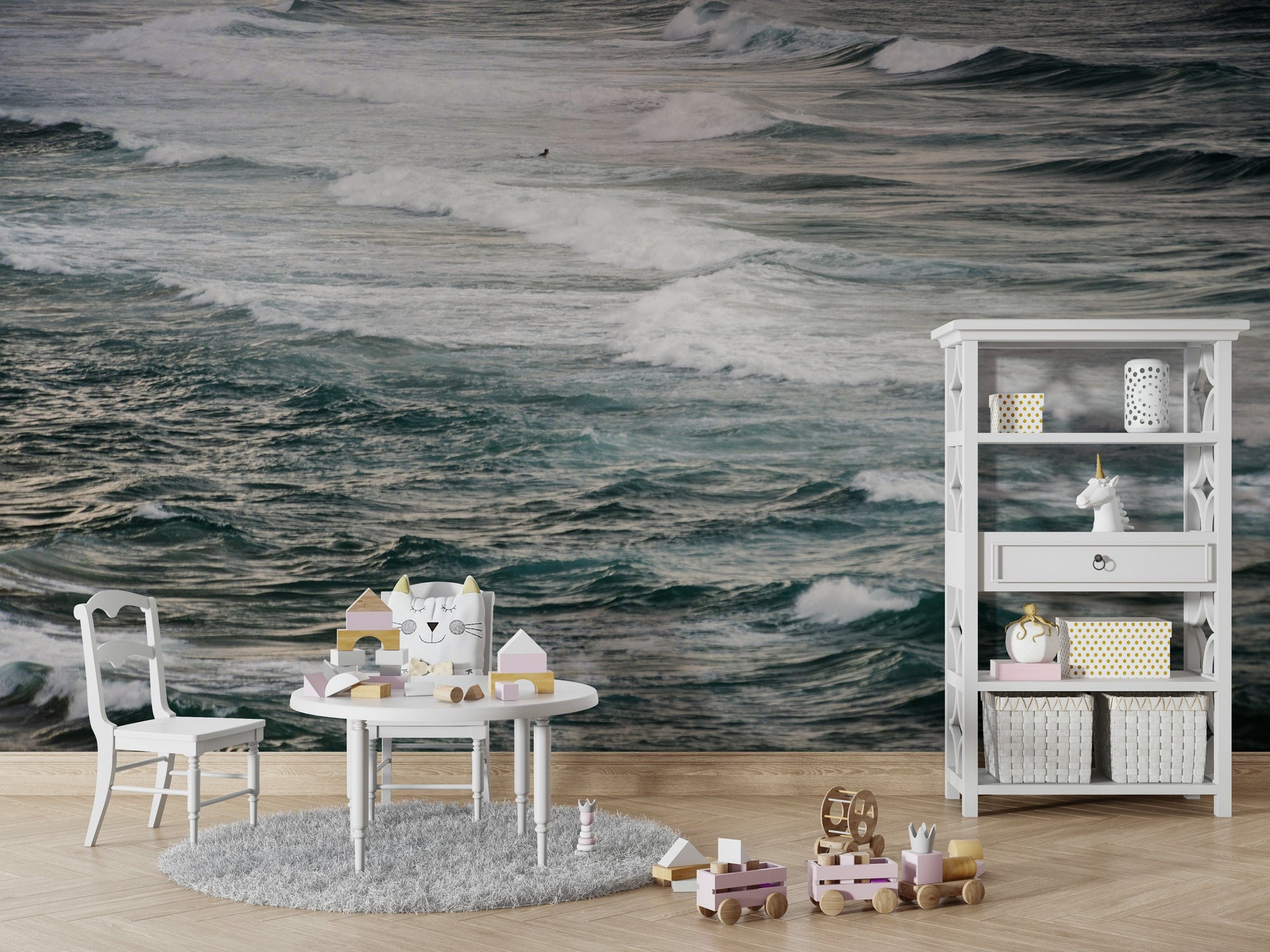A high-angle view of the wall mural in a large space.


