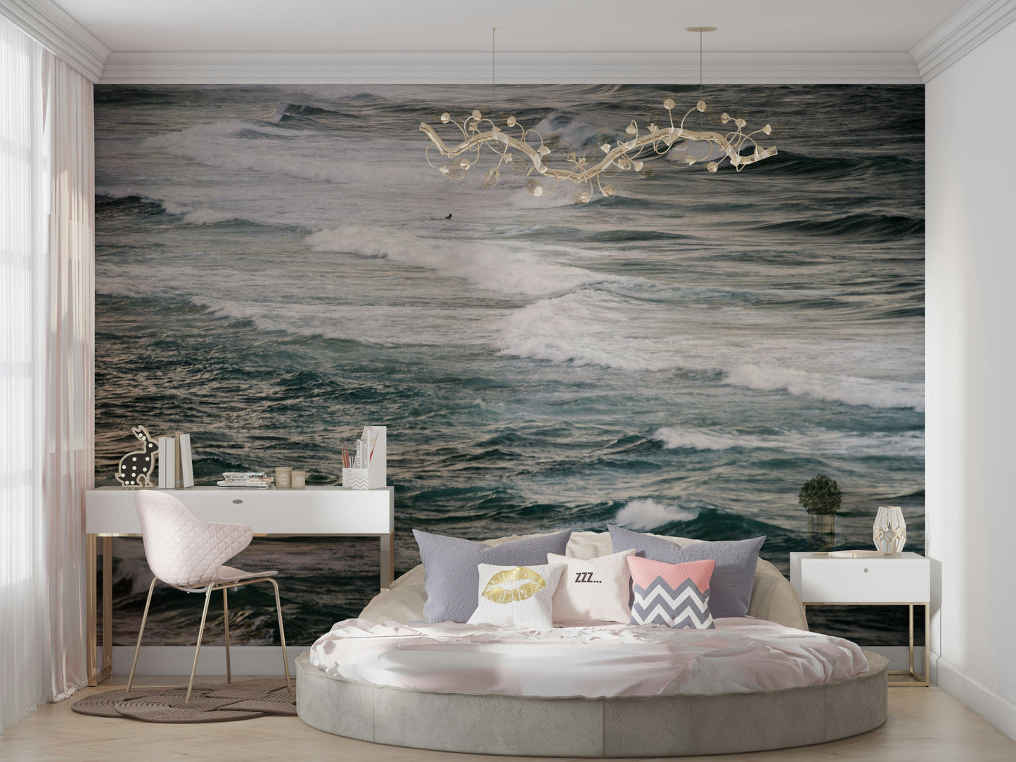The peel and stick wallpaper on a smooth wall surface.

