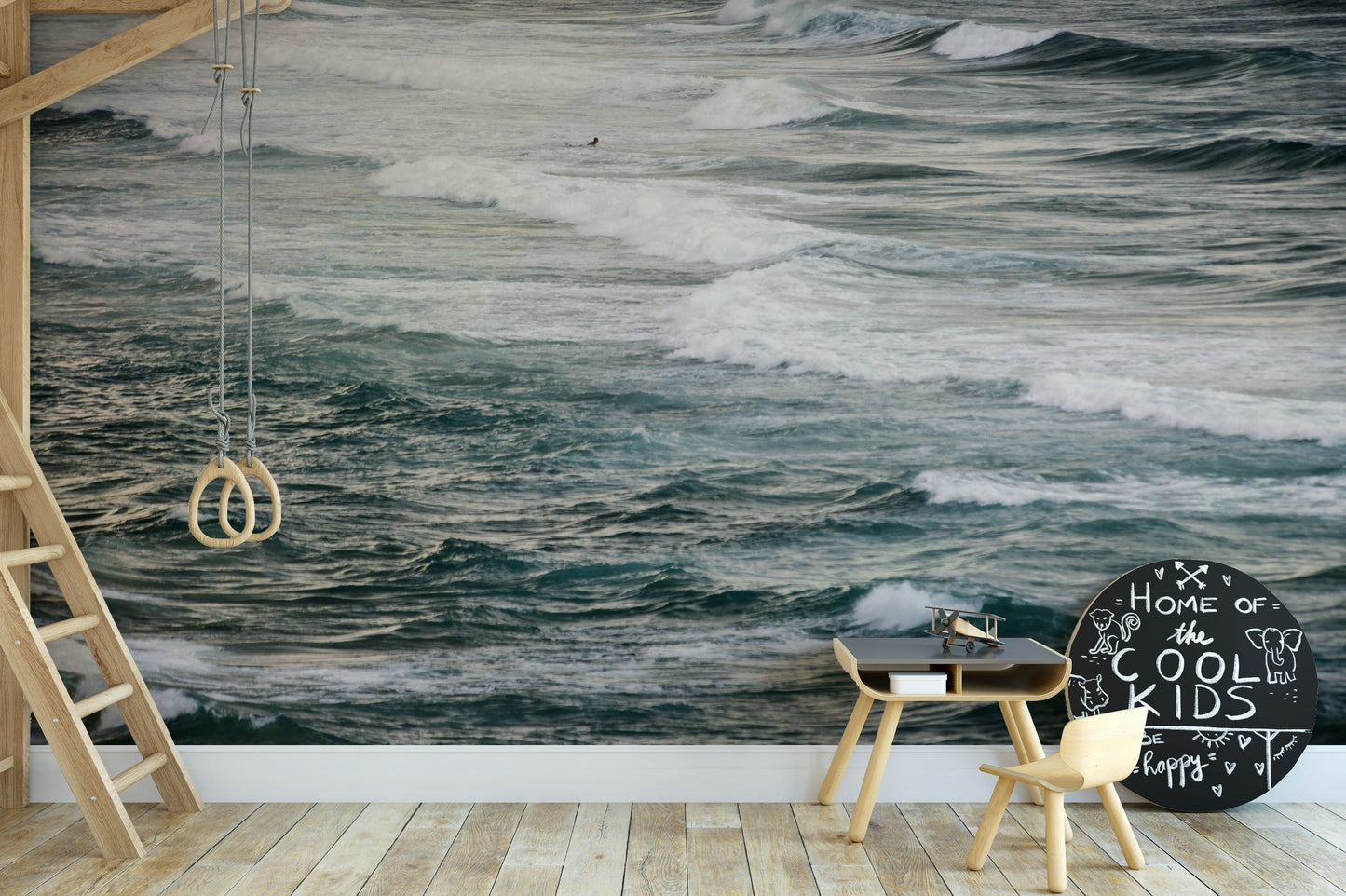 The wallpaper is used to create a feature wall in a dining room.

