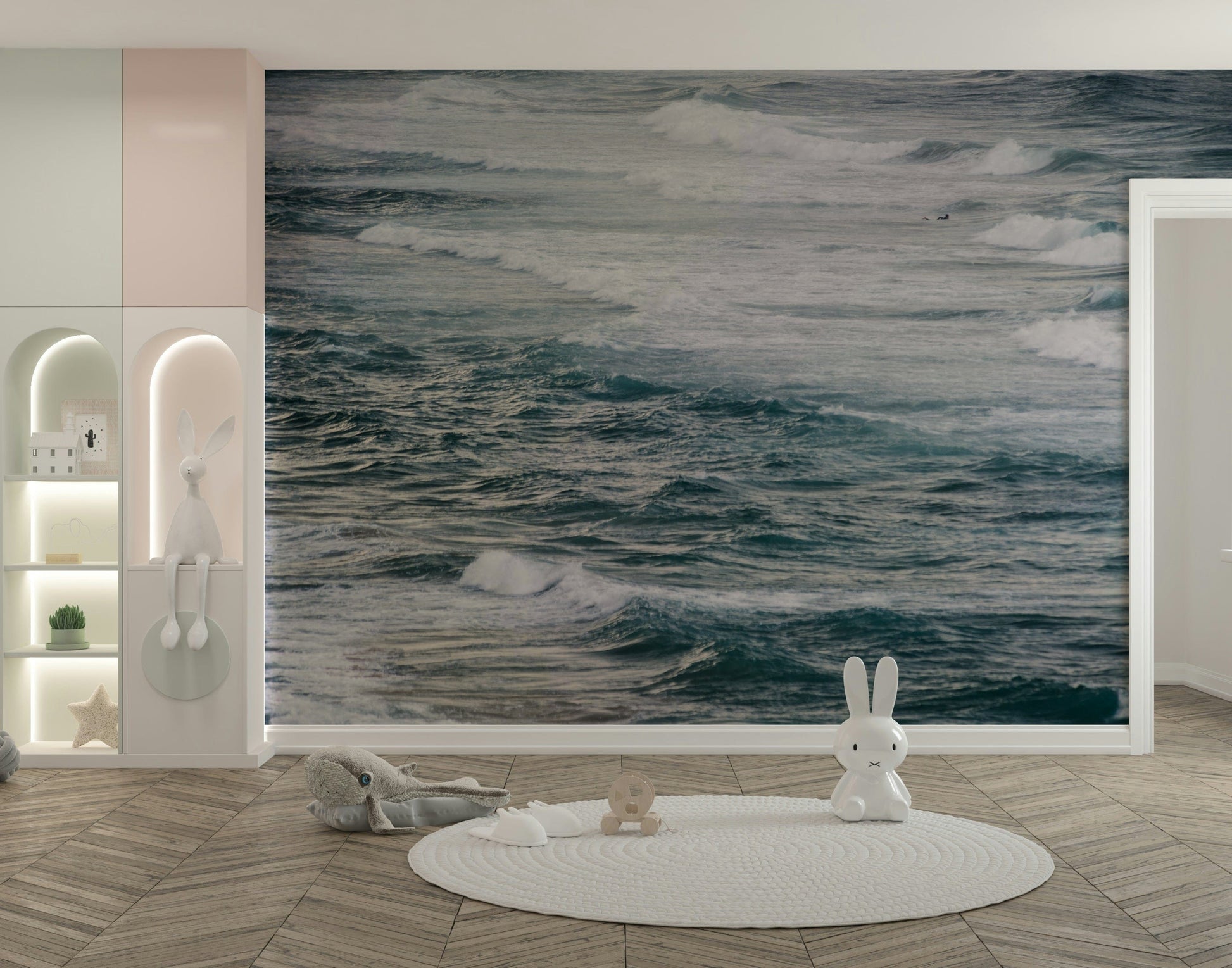 The wallpaper is used as a feature wall in a bedroom.

