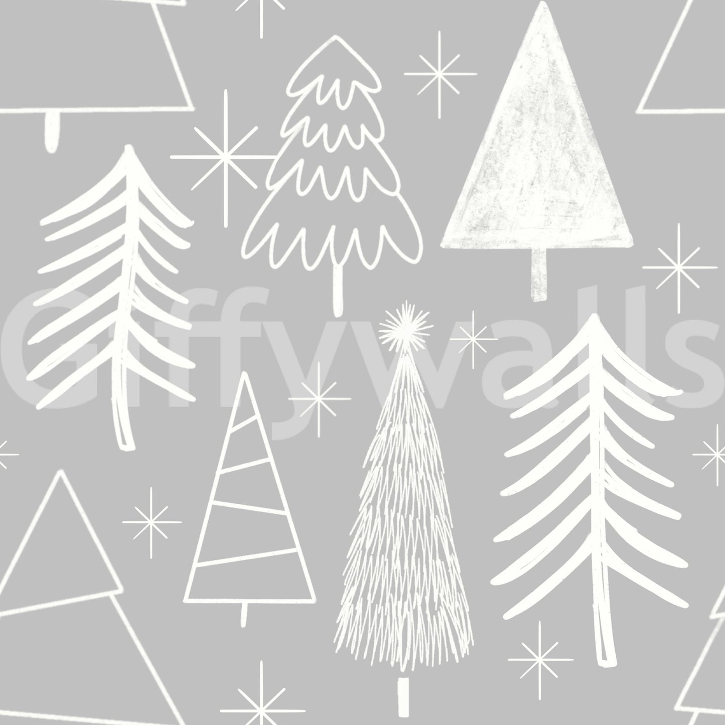 A serene snowy forest wallpaper pattern with sketchy white trees on a gray canvas.