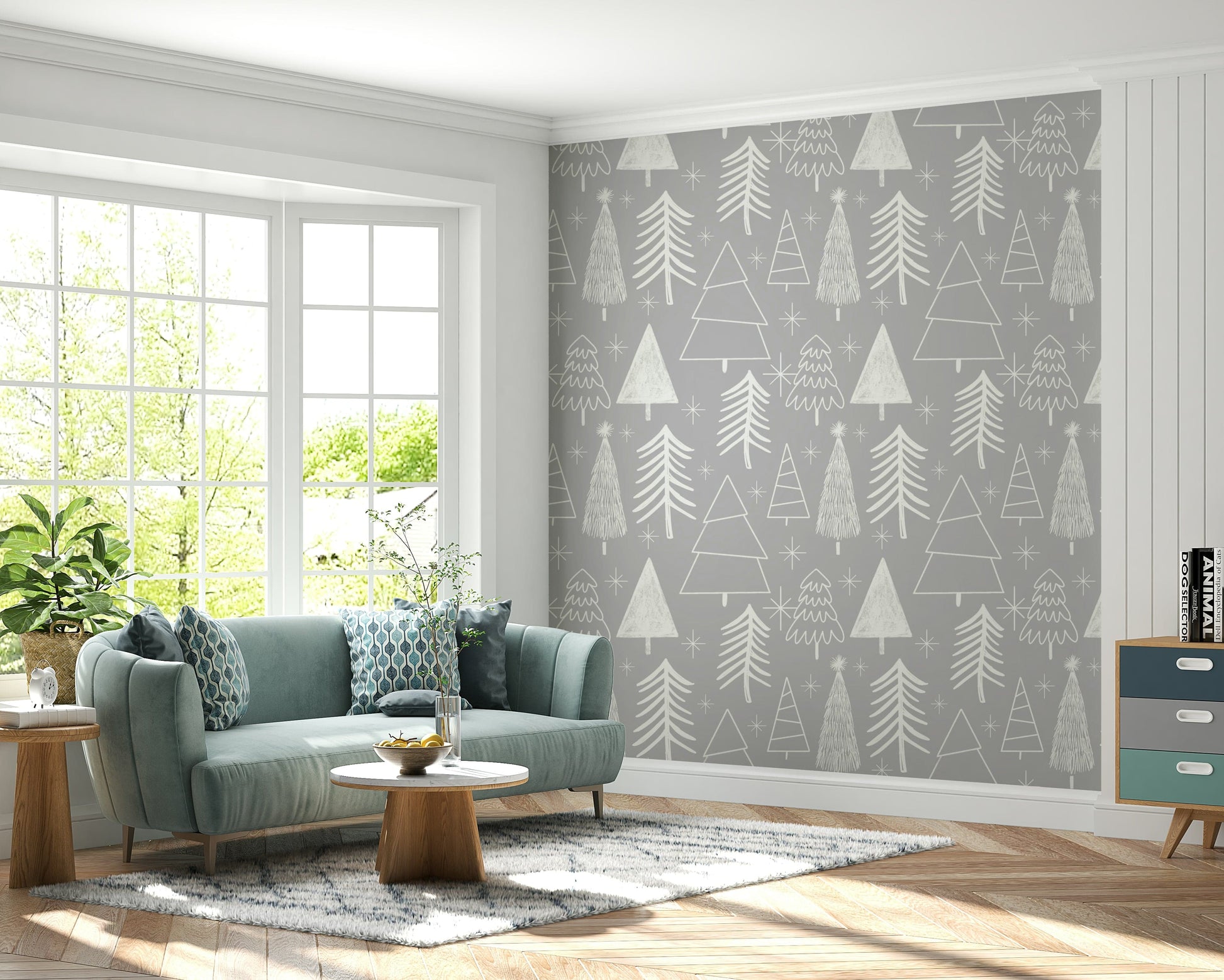 Delicate winter tree outlines in white creating a soothing festive wallpaper look.