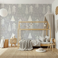 A cozy gray wallpaper decorated with simple white Christmas tree illustrations and tiny stars.