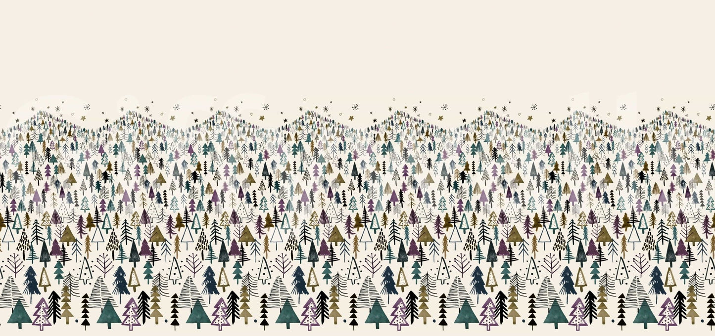 Winter Tree Wonderland wallpaper mural shown as a full-wall mural of layered teal and purple pine trees