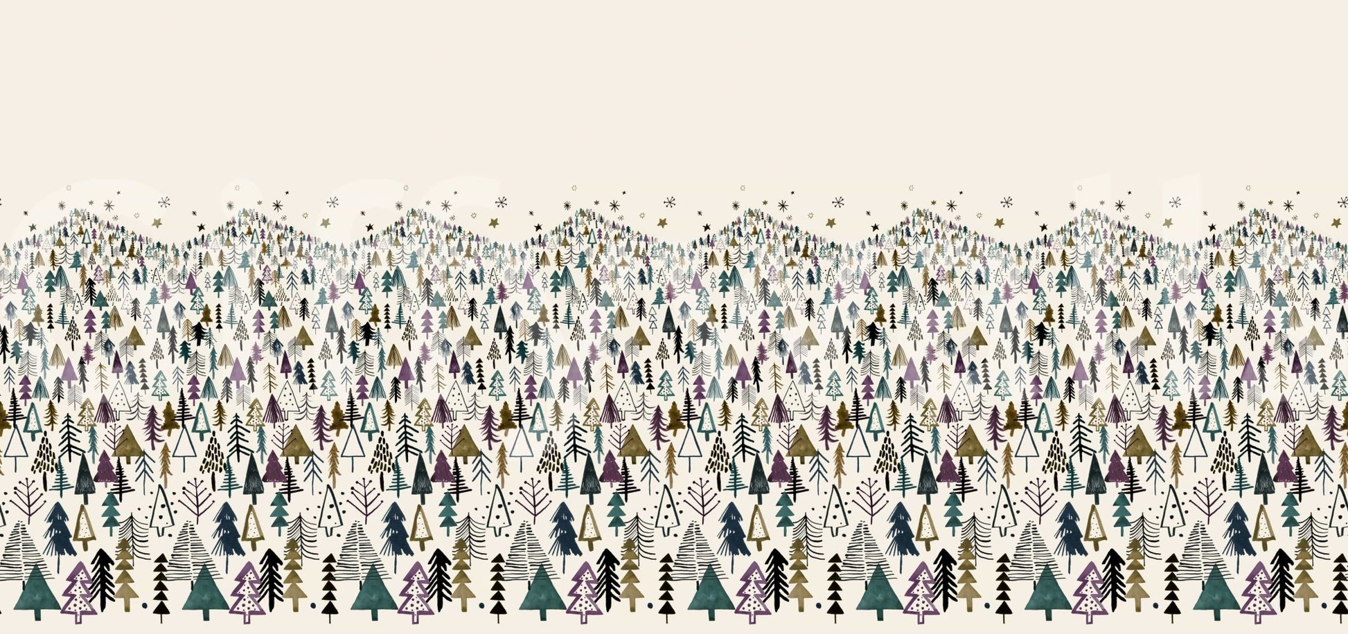 Winter Tree Wonderland wallpaper mural shown as a full-wall mural of layered teal and purple pine trees