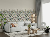 Winter Tree Wonderland wallpaper mural of stylized pines behind a white sofa and curvy boucle chair