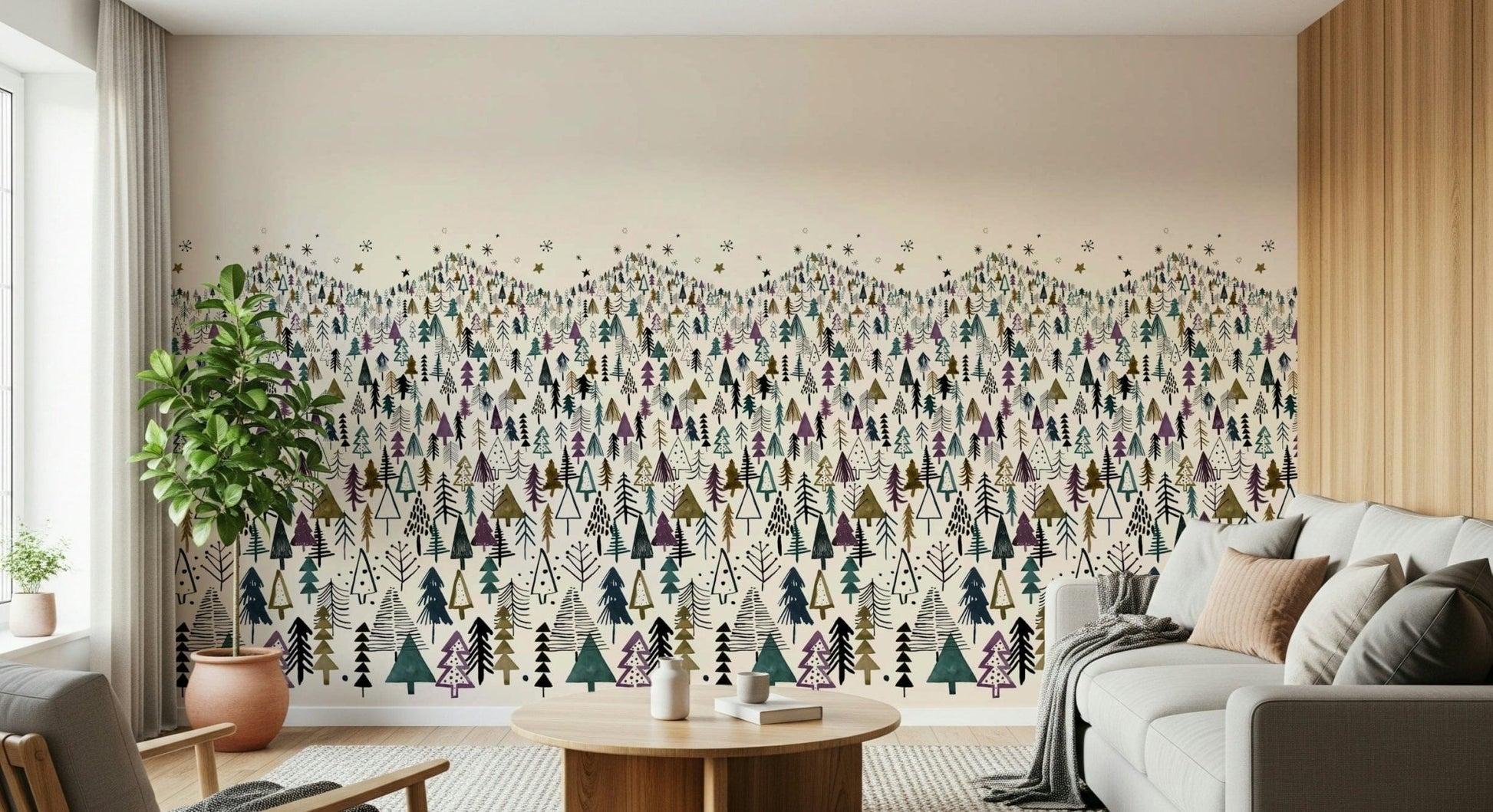 Winter Tree Wonderland wallpaper mural of pine trees behind a cream sofa and round wooden coffee table