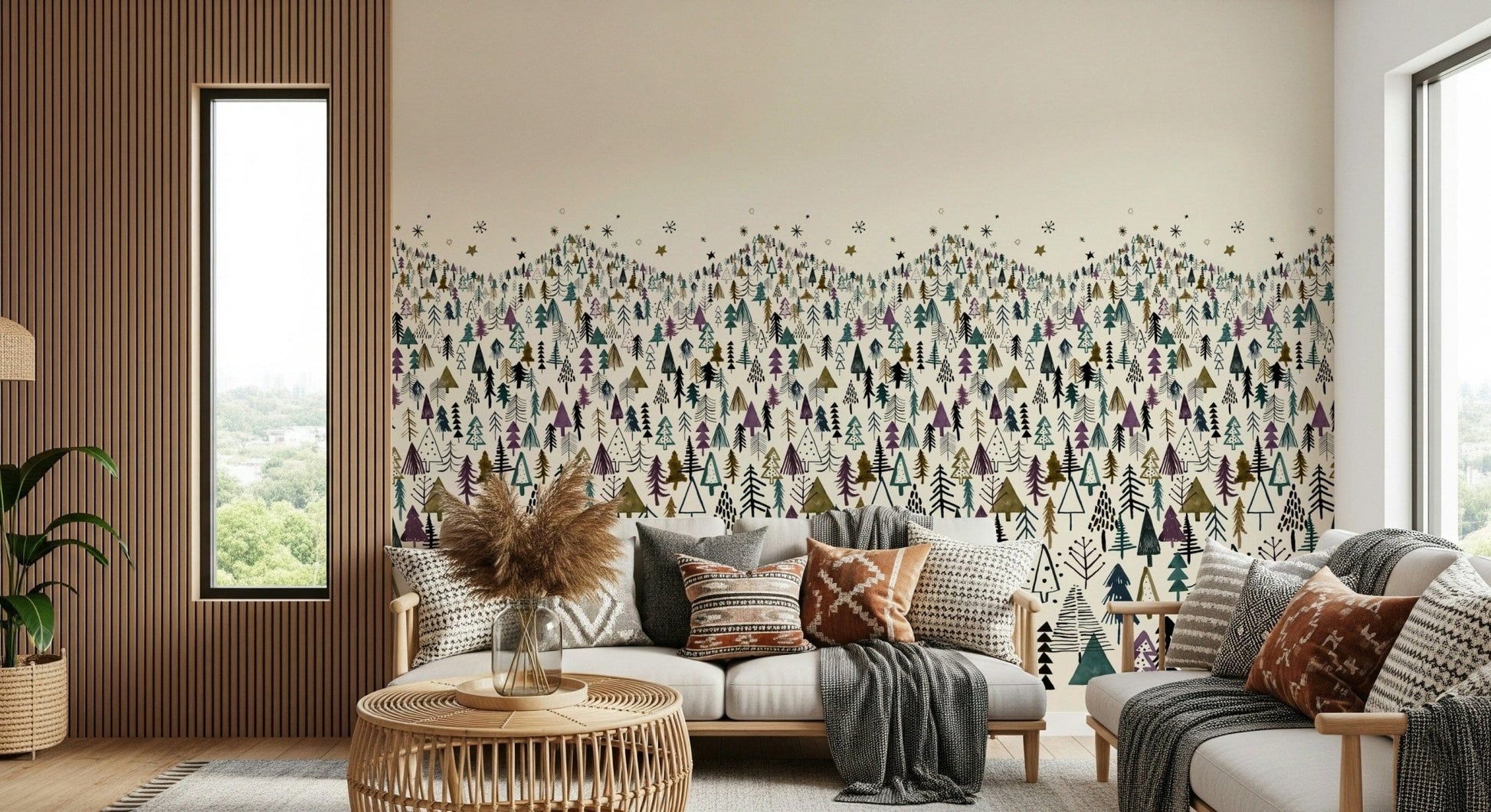 Winter Tree Wonderland wallpaper mural of stylized pines behind a white sofa with boho cushions in a lounge