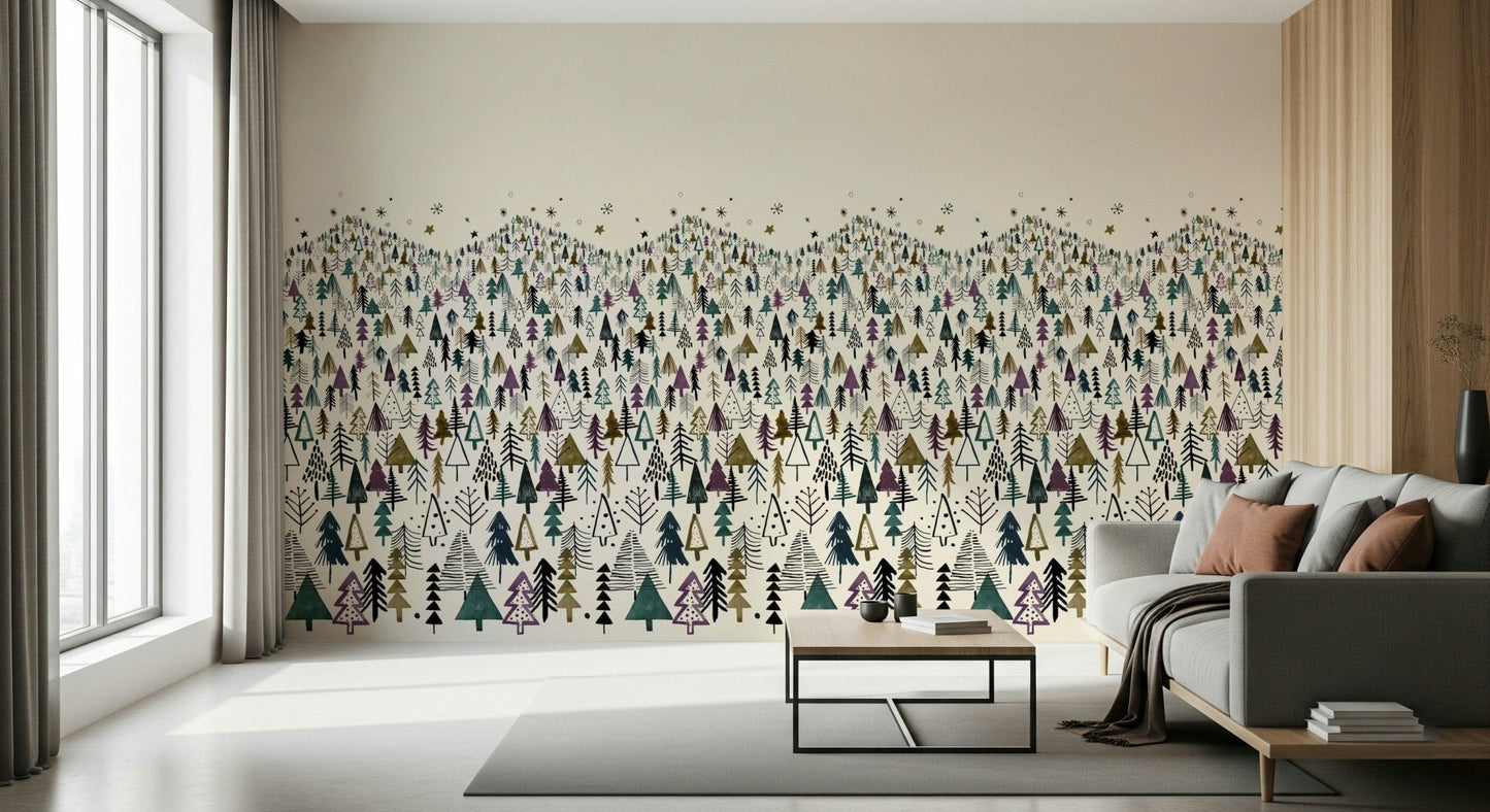 Winter Tree Wonderland wallpaper mural of pines behind a grey sofa with rust cushions in a bright lounge