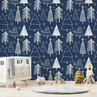 A holiday-themed wallpaper with scattered winter tree outlines in soft white tones.