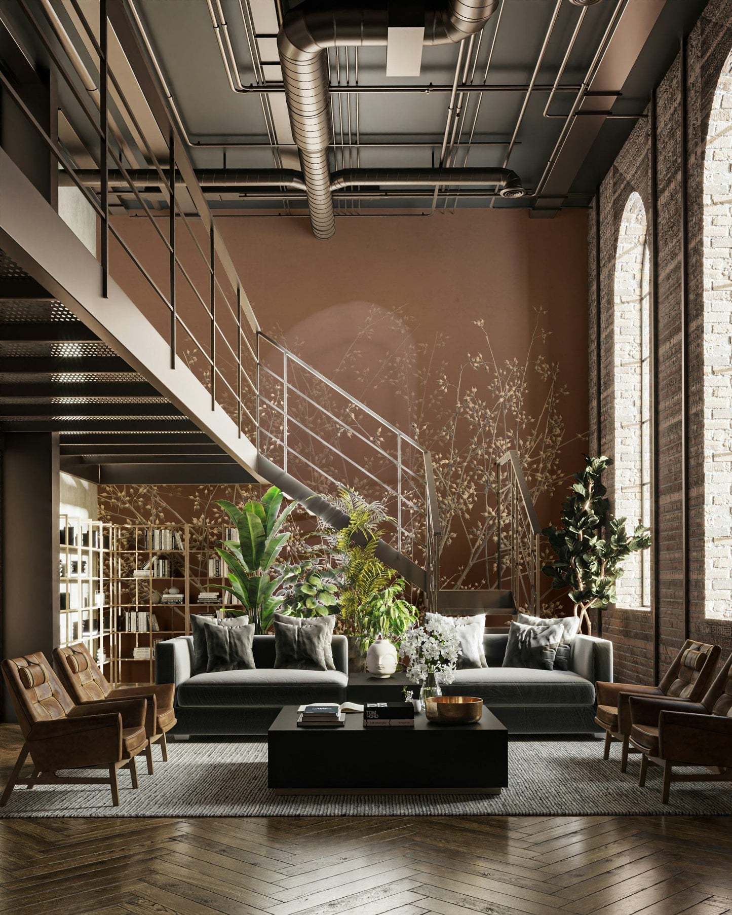 The design features delicate, bare tree branches or twigs.

