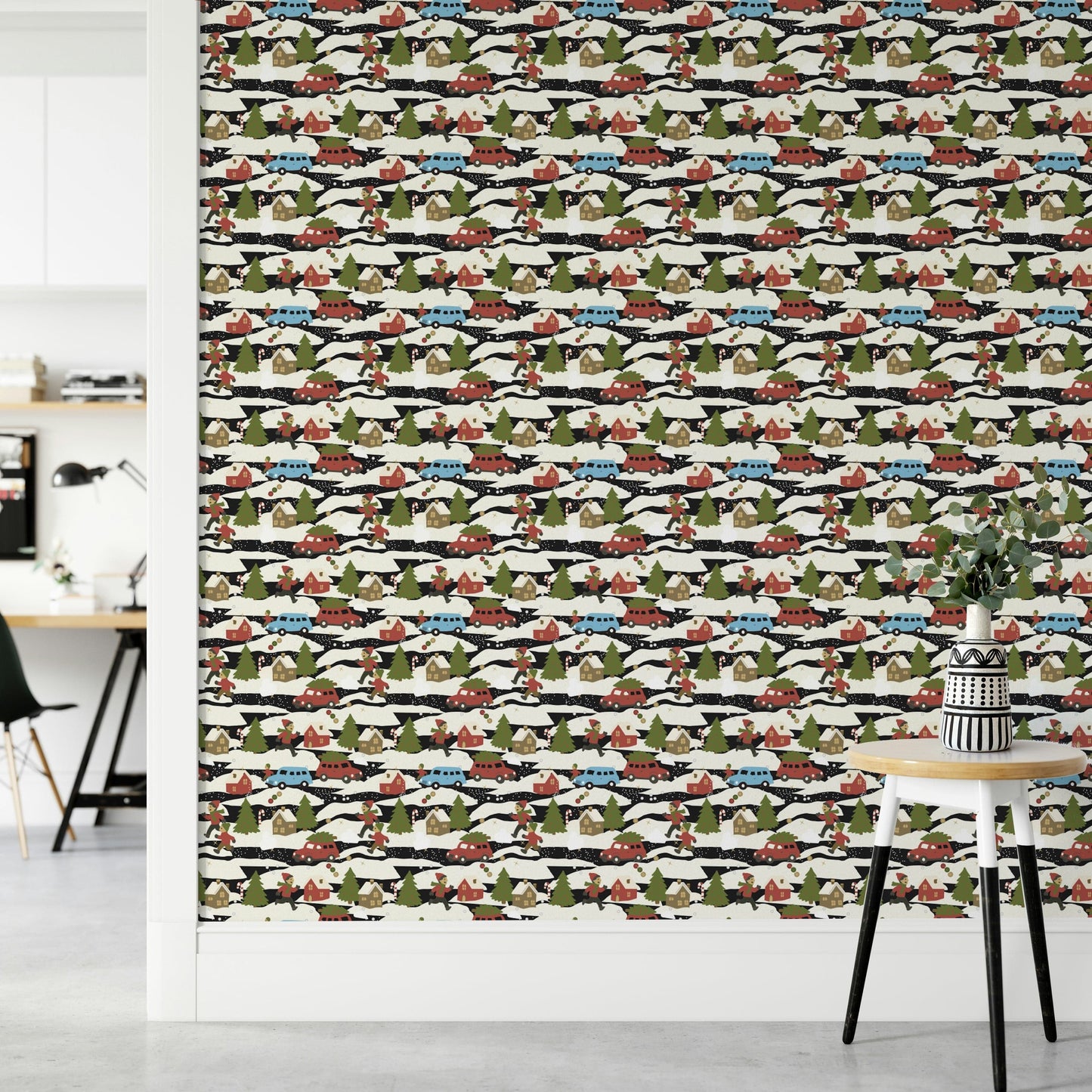 Snowy Town Adventure festive mural wallpaper