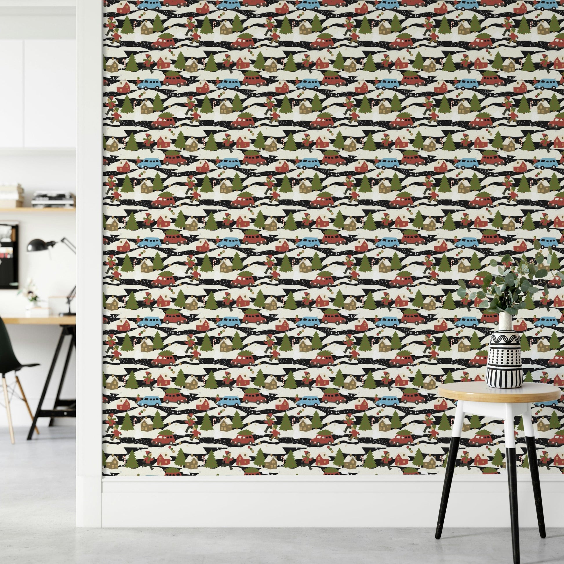 Snowy Town Adventure festive mural wallpaper