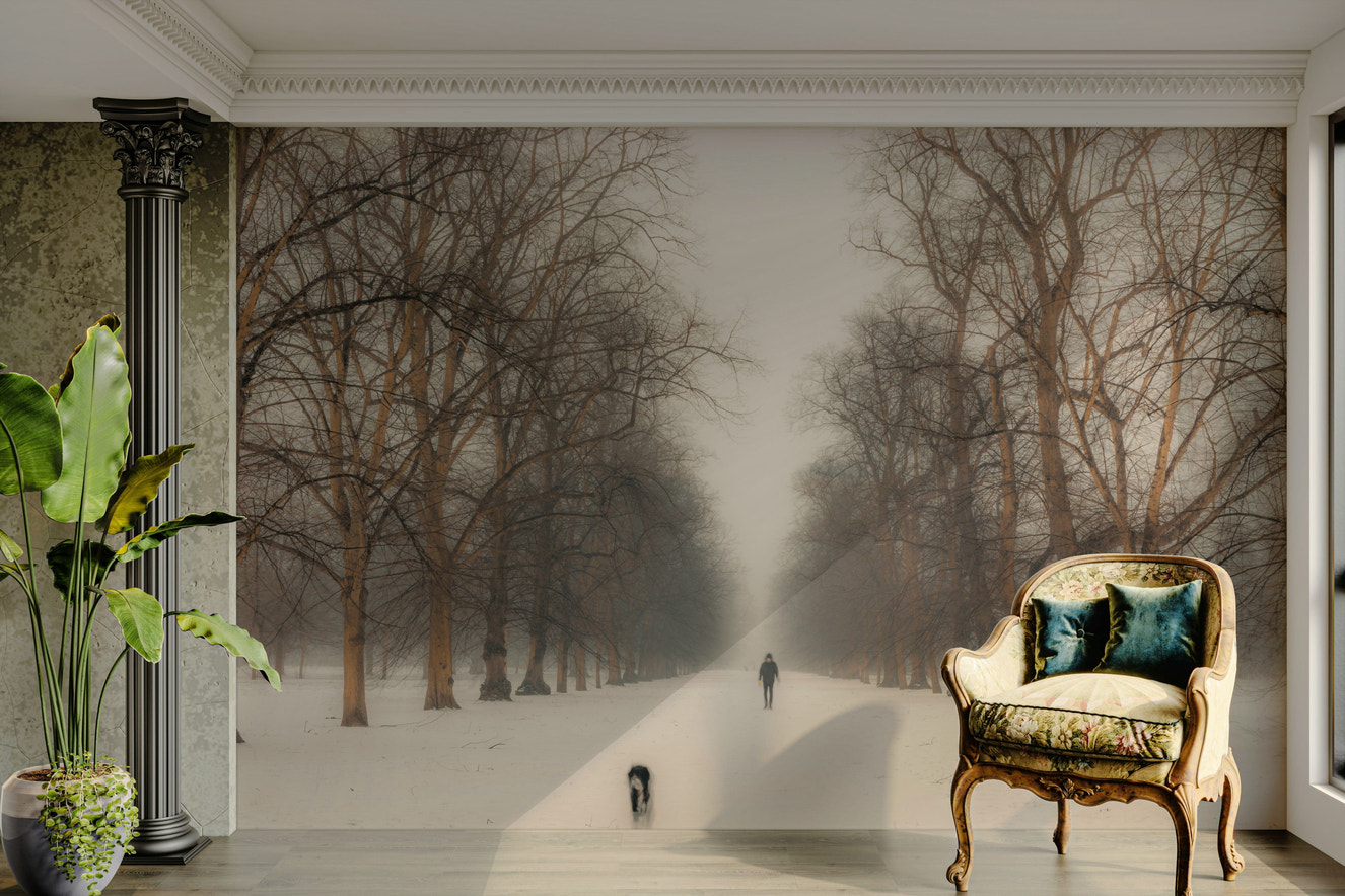 A graceful subtle tree wall mural in cool, natural tones.

