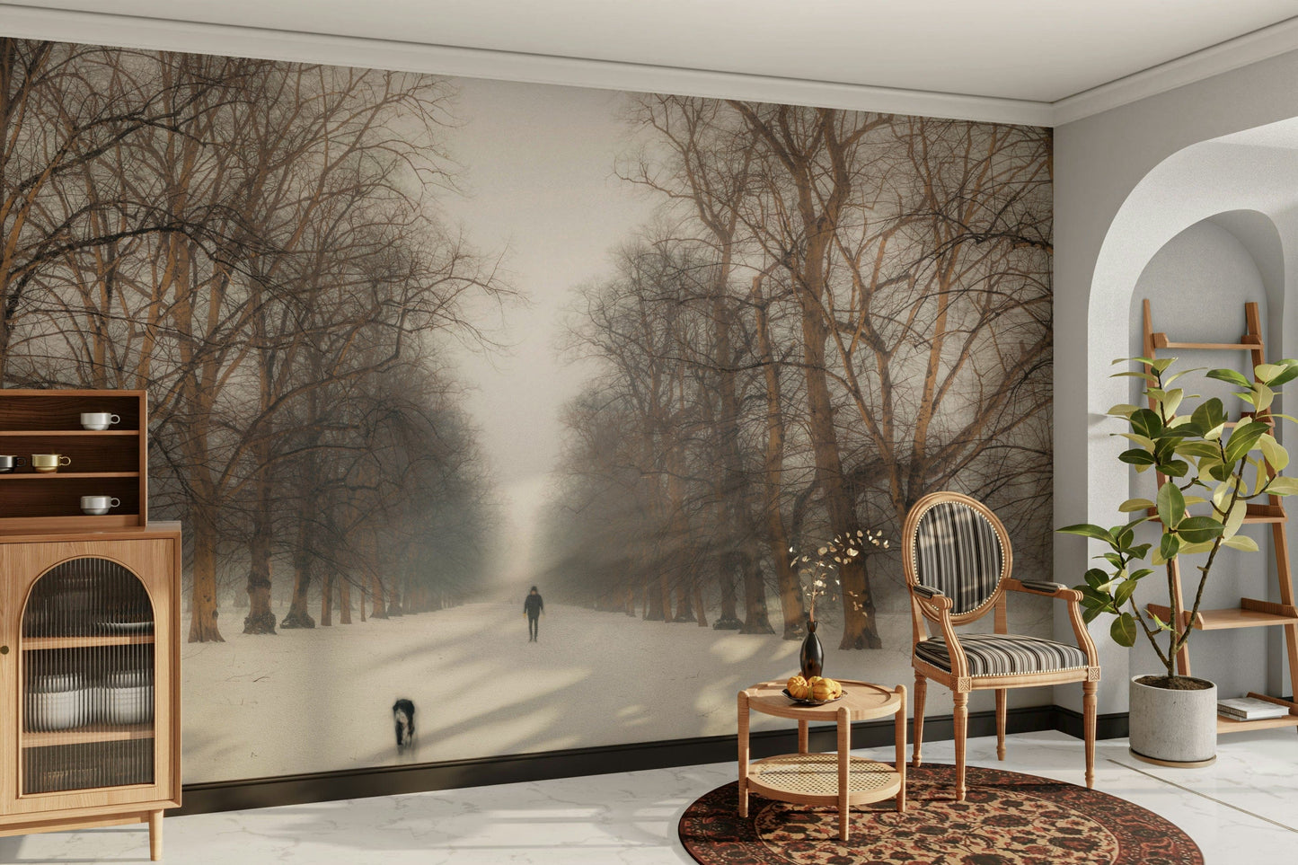 An artistic scenic green mural on minimalist wallpaper.

