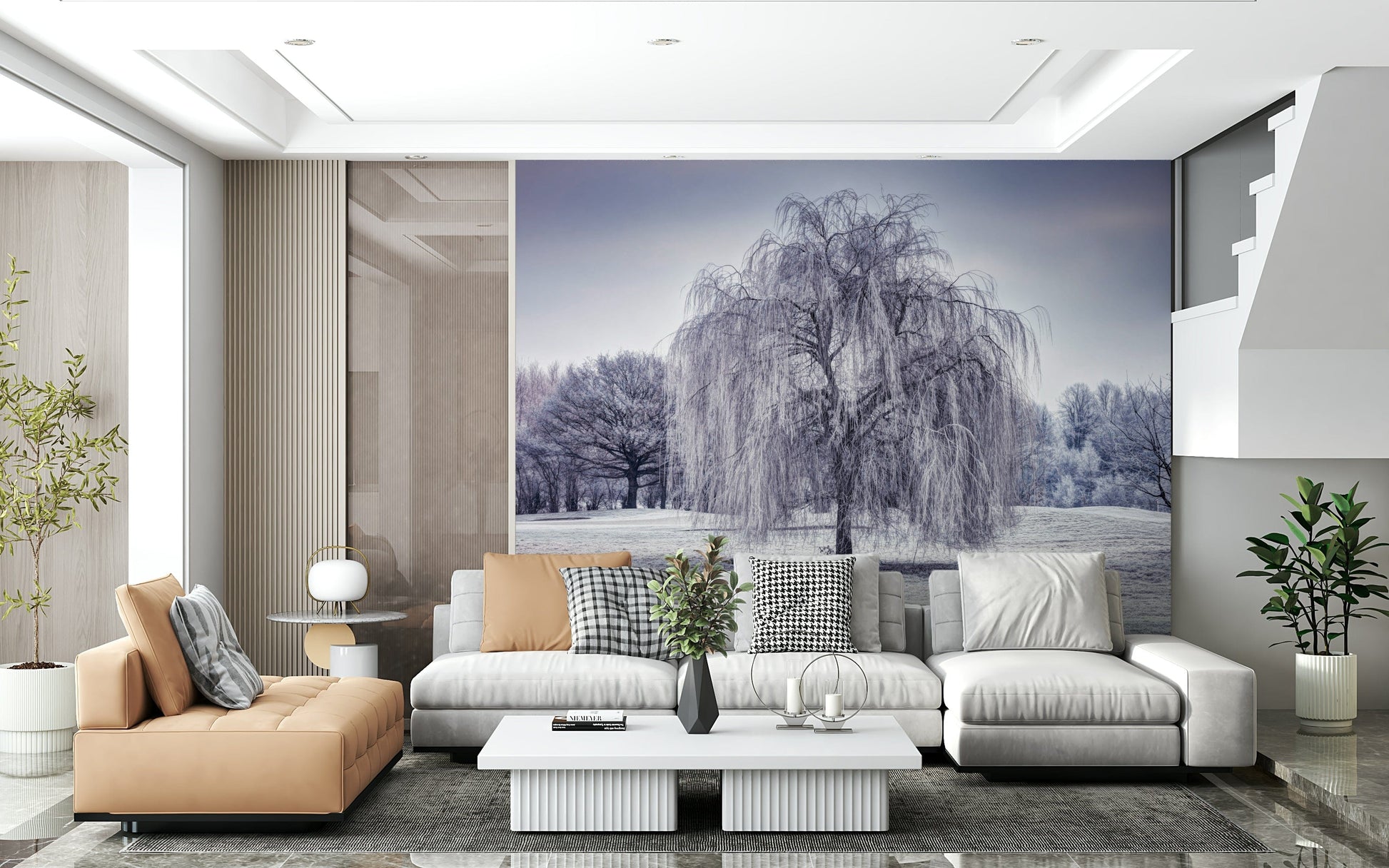 Silvered Winter Weeping Tree wallpaper, monochromatic elegance for walls.