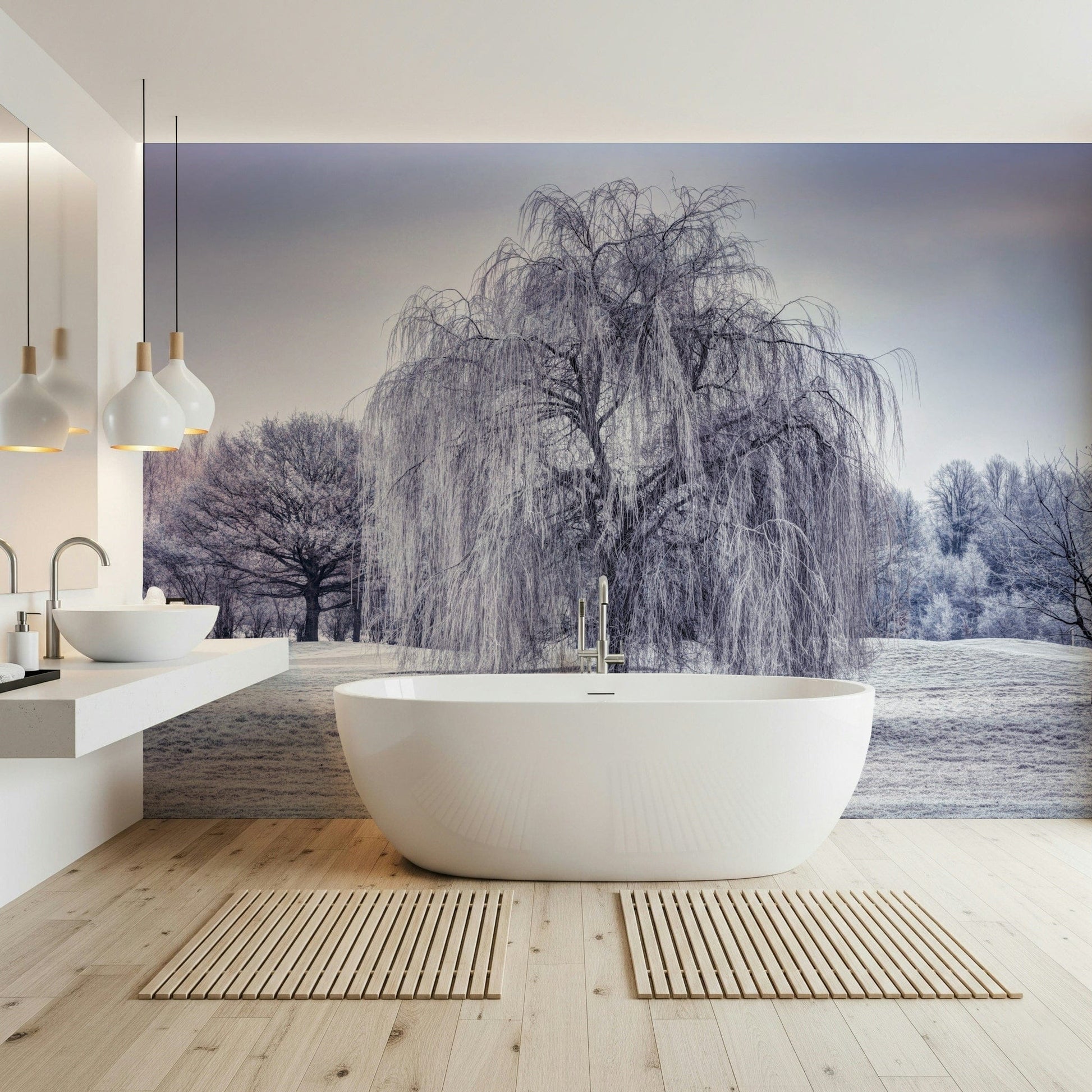 Shiveringly beautiful Winter Weeping Tree art wallpaper for walls.