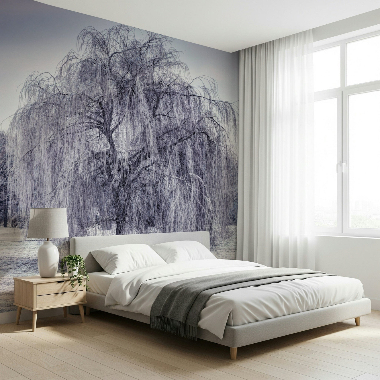 Winter Weeping Tree mural, frosted willow, icy nature scene wallpaper.
