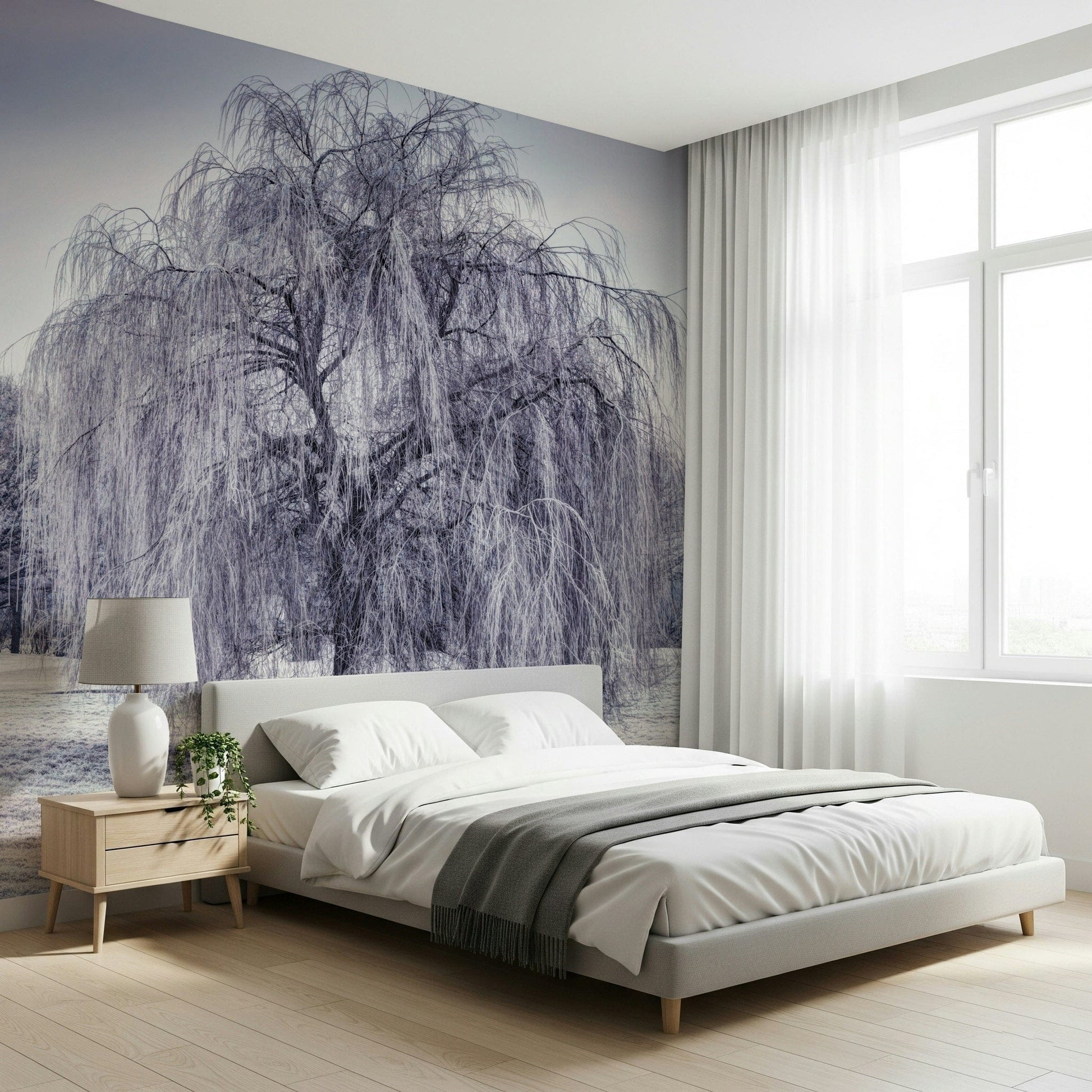 Winter Weeping Tree mural, frosted willow, icy nature scene wallpaper.