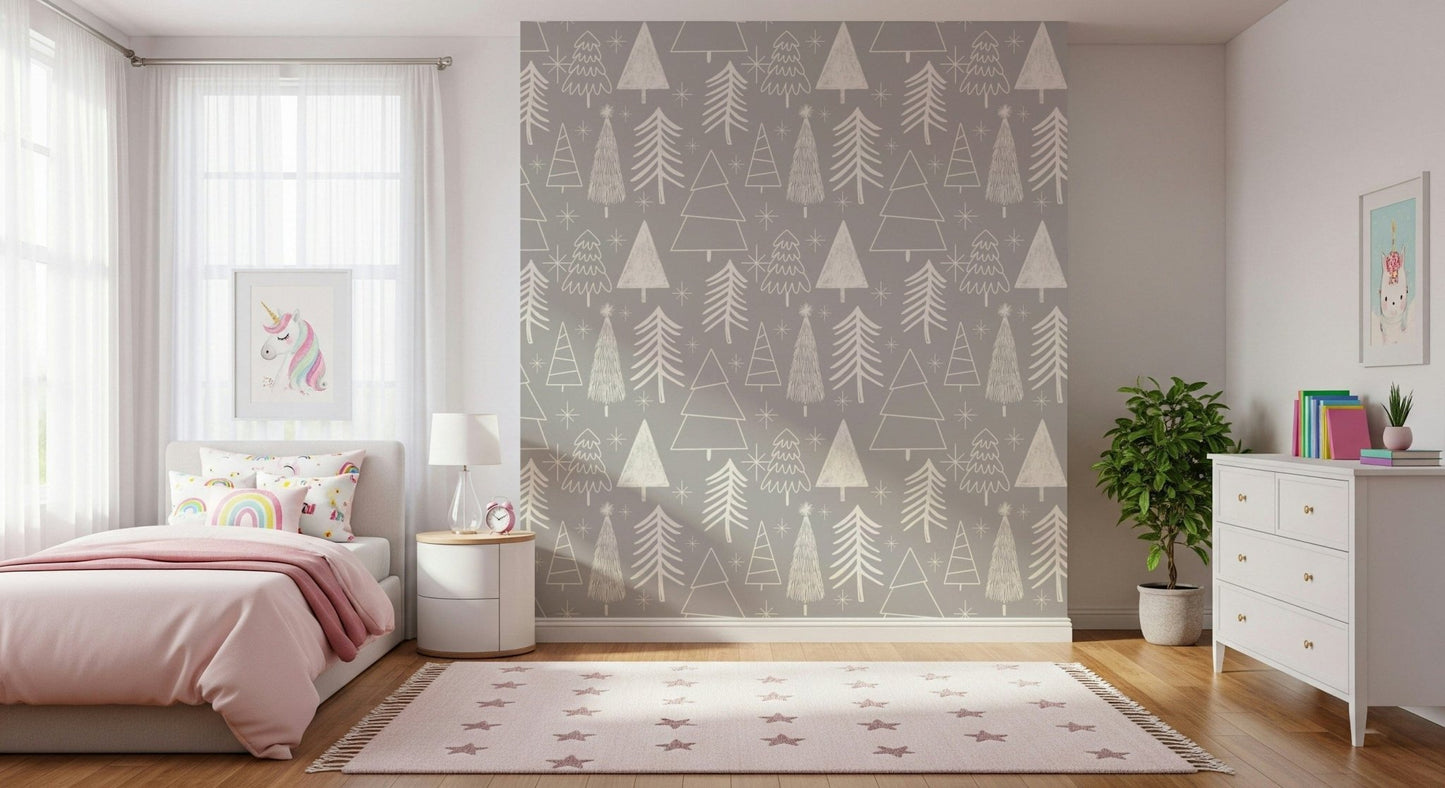 Minimalist winter trees sketched in white forming a calm seasonal wallpaper design.