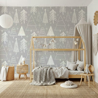 A cozy gray wallpaper decorated with simple white Christmas tree illustrations and tiny stars.